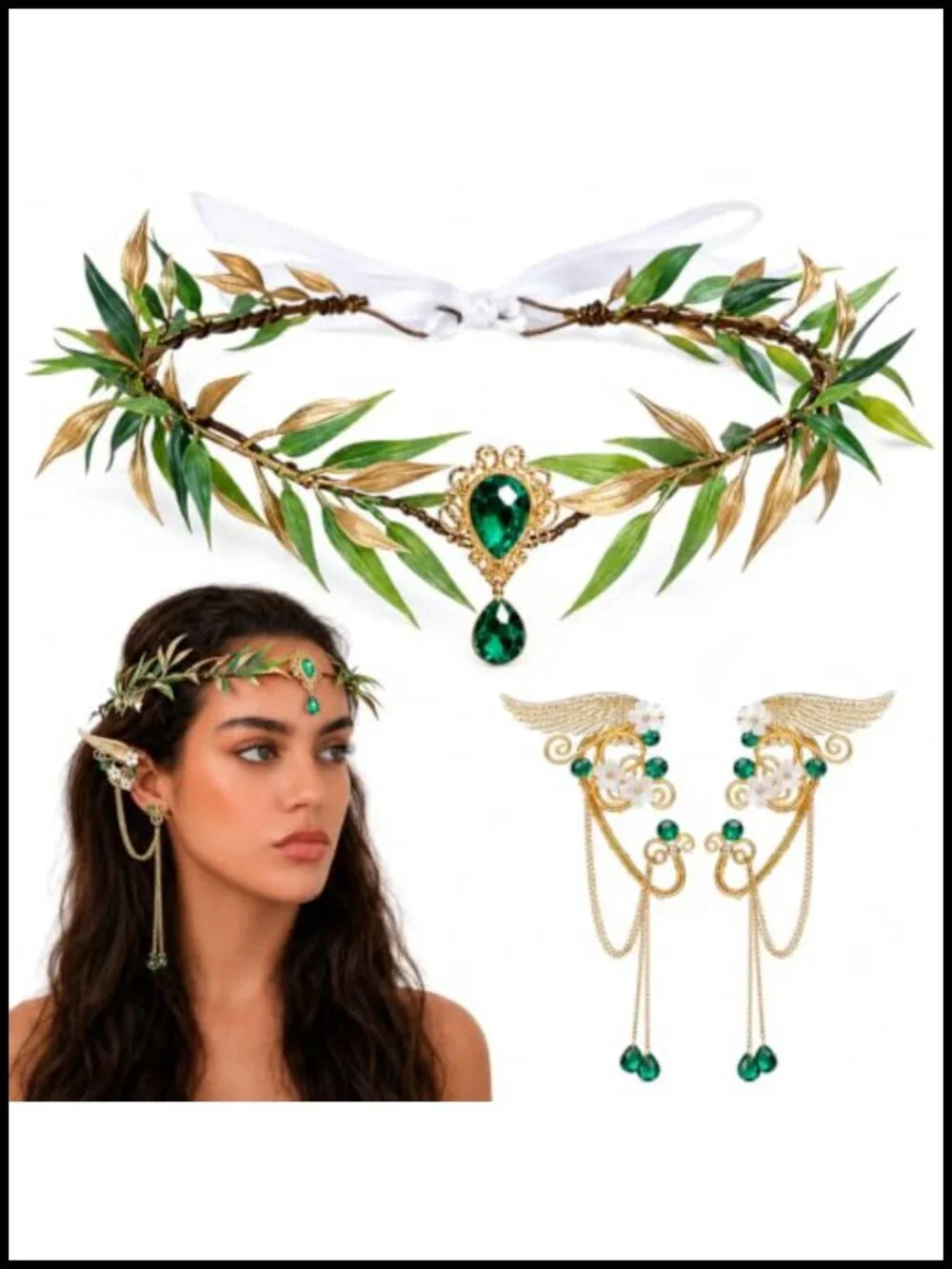 Fairy Crown and Elf Ear Cuffs Set, Adjustable Handcrafted Flower Headpiece